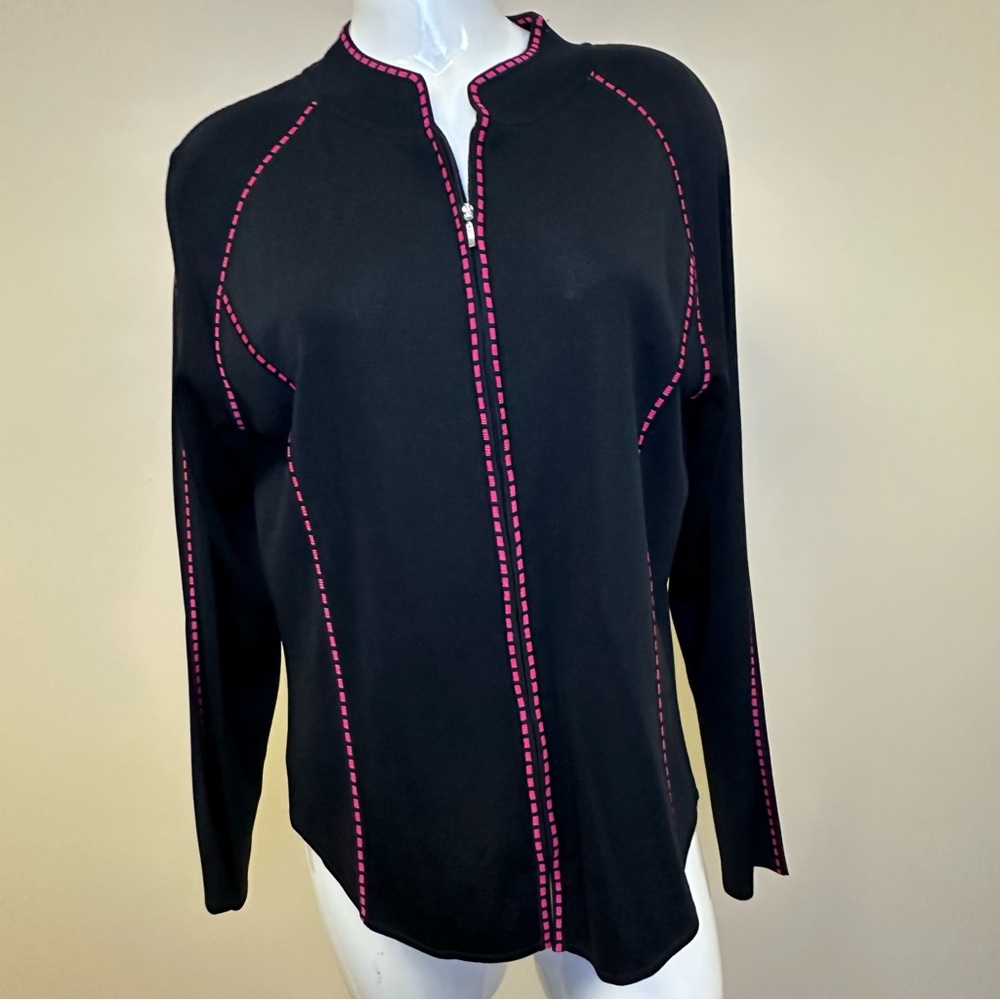 Ming Wang Black Pink Stitching Zip up Sweater Cardigan Medium